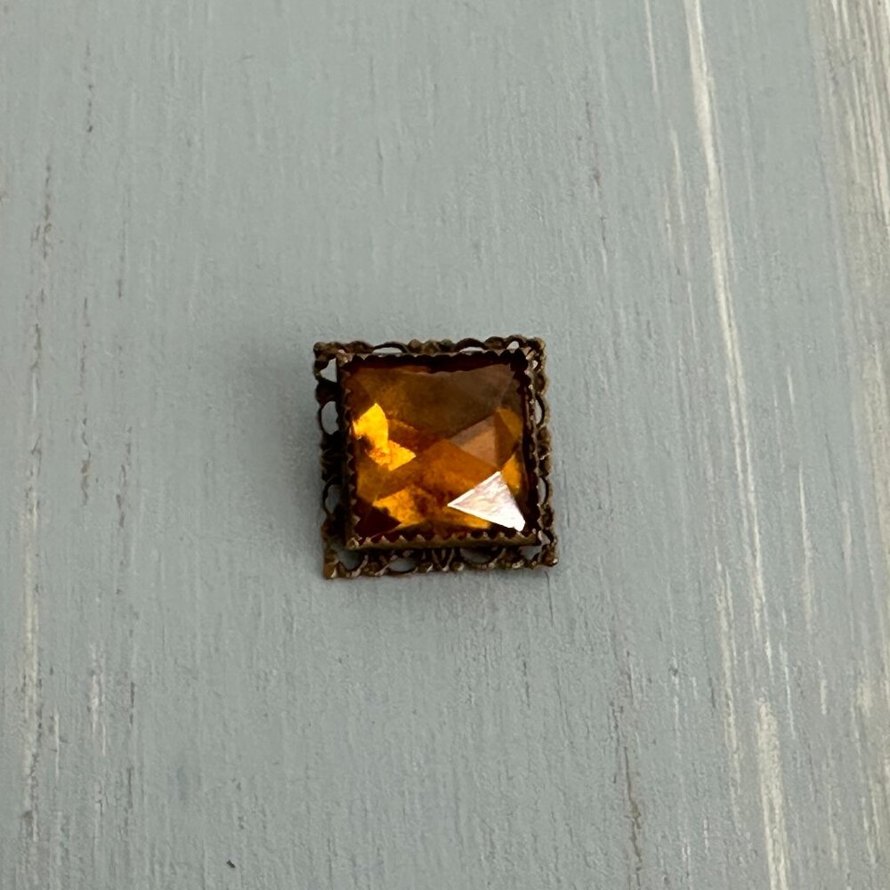 Gorgeous Vintage Small Brooch Pin Square w Gold Rhinestone